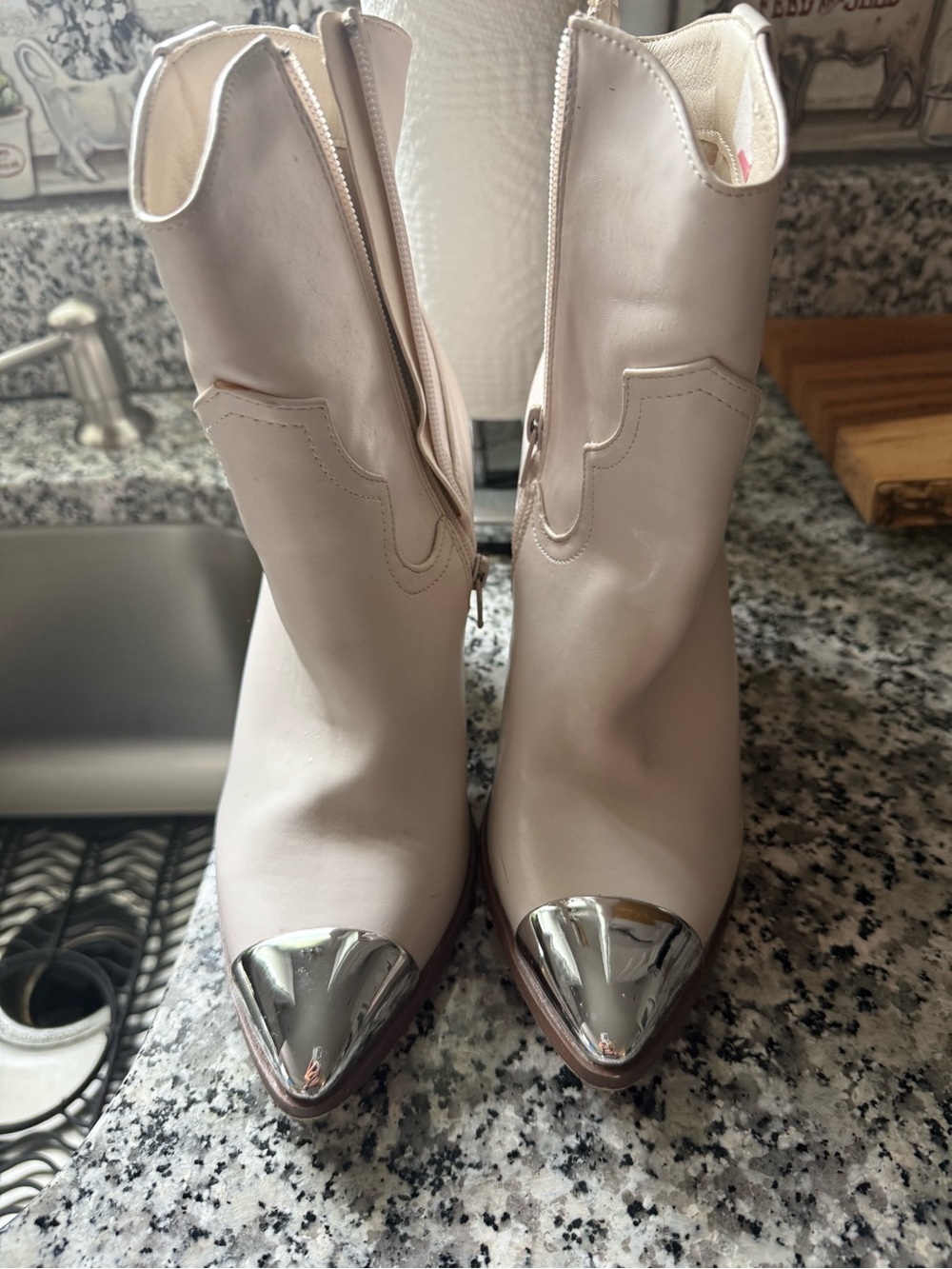 Cream Western-Inspired Ankle Boots with Silver Toe Cap